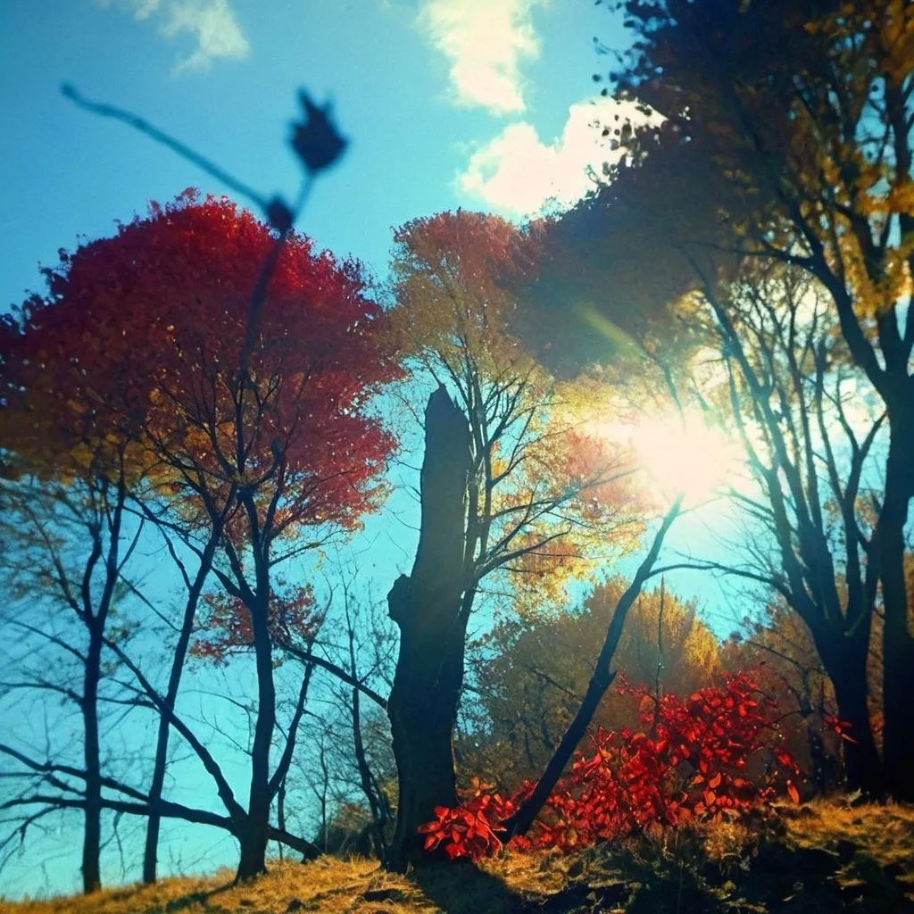 Prompt: high creative, warm, hills on horizon, landscape, autumn colors, kisses by afternoon gentle light,  marron mixed with light red, blue sky morning autumn light; emotions, uncertainity, unknown, curiosity