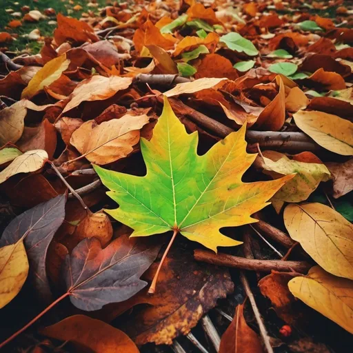 Prompt: high creative, autumn colors, fallen leafs, leafs rusted, autumn cozy light, light marron mixed with vibrant green, emotions, sadness, unknown, curiosity