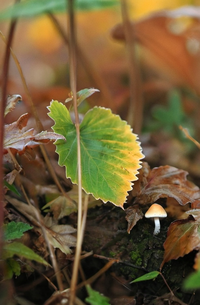 Prompt: high creative, warm, mushroom, autumn colors,  marron mixed with dark white, morning autumn light; emotions, uncertainity, unknown, curiosity