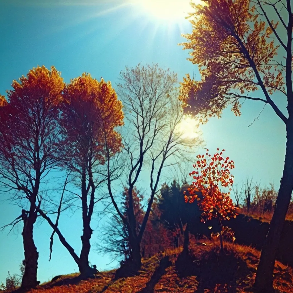 Prompt: high creative, warm, hills on horizon, landscape, autumn colors, kisses by afternoon gentle light,  marron mixed with light red, blue sky morning autumn light; emotions, uncertainity, unknown, curiosity