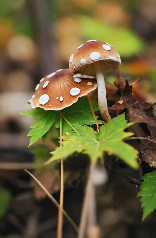 Prompt: high creative, warm, mushroom, autumn colors,  marron mixed with dark white, morning autumn light; emotions, uncertainity, unknown, curiosity