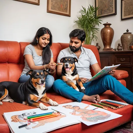 Prompt: An Indian couple with dogs are sitting on a couch and drawing with pencils and markers on a paper, Art & Language, arts and crafts movement, art station, a stock photo
