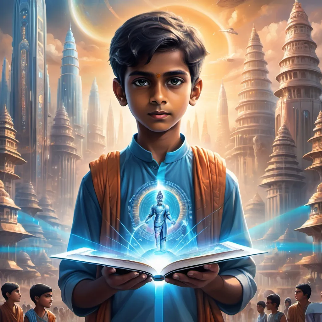 Prompt: Main Focus: A young boy, about 12-14 years old, stands at the center. He looks confident and enlightened, holding a holographic Bhagavad Gita in his hands. His eyes are glowing with wisdom, signifying that he has gained deep knowledge.

Setting: The environment around him is a futuristic city with advanced technology—flying vehicles, sleek modern architecture, digital holograms, and robots working in the background. But within this modern world, traditional Indian elements like temples or subtle symbols of Indian spirituality (such as a lotus or Om) are visible in the distance.

Light & Colors: The boy is bathed in a soft, glowing light—a symbol of divine wisdom from the Gita. Surrounding him are floating Sanskrit verses from the Bhagavad Gita. The color palette could include blues and golds to signify a harmonious blend of the future and spiritual knowledge.

Details:

The holographic Bhagavad Gita is open, with ancient text floating above its pages in Sanskrit.
Symbols like the Om, the lotus, or the Sudarshan Chakra should be faintly visible around the boy, blending into the futuristic world.
The boy's attire could be a combination of traditional and modern—perhaps a fusion of a kurta and futuristic accessories (headset, armband, etc.).
Mood: The mood of the image should be inspiring and hopeful, reflecting the idea that even in a technologically advanced future, spiritual wisdom and the teachings of the Bhagavad Gita are still guiding humanity.