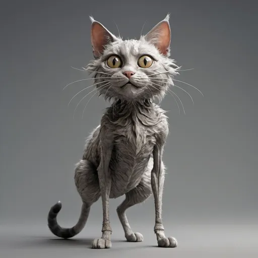 Prompt: a cat with a weird look on its face and legs, standing on a gray background with a gray background, Chris LaBrooy, furry art, weta digital, a computer rendering