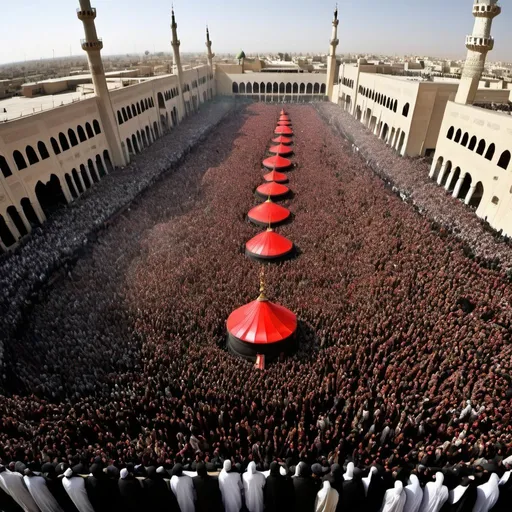 Prompt: Hey create a Islamic pic of Shia community in the shirne of imam Hussain 
