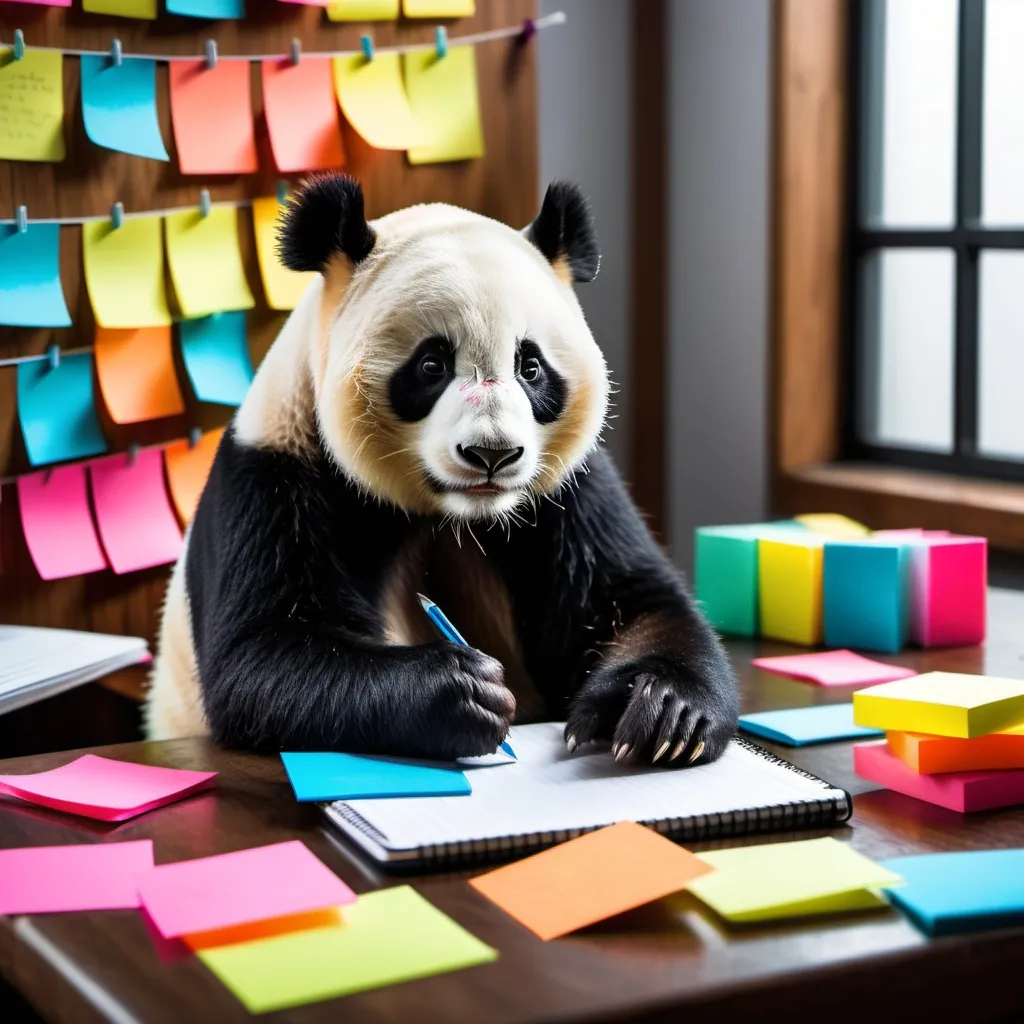 Prompt: A panda with a notepad, jotting down ideas while surrounded by colorful sticky notes. The panda looks focused and inspired