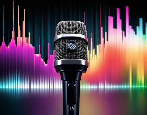 Prompt: A microphone with sound waves emanating from it, set against a backdrop of colorful sound equalizers.