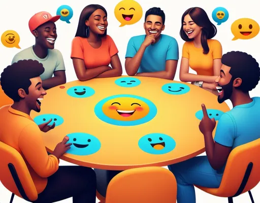 Prompt: A circular table surrounded by diverse characters chatting and laughing, with speech bubbles showing various emojis. The background is vibrant, depicting a lively social atmosphere.