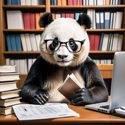 Prompt: A friendly panda wearing glasses, sitting at a desk surrounded by books and a laptop. The panda is holding a stack of documents