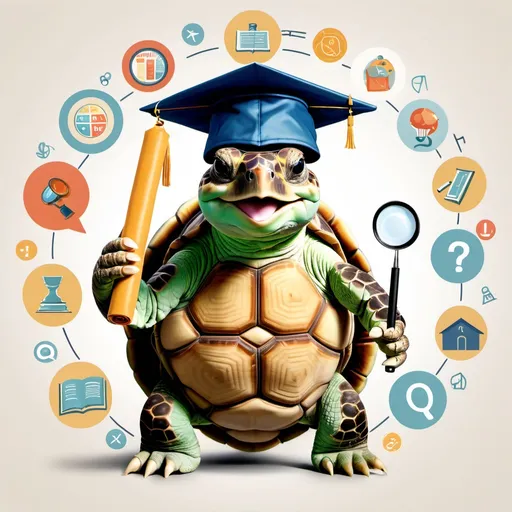 Prompt: A friendly, wise tortoise wearing a graduation cap, holding a scroll in one hand and a magnifying glass in the other. The tortoise is surrounded by a circle of icons representing various resources, like question marks, lightbulbs, and charts