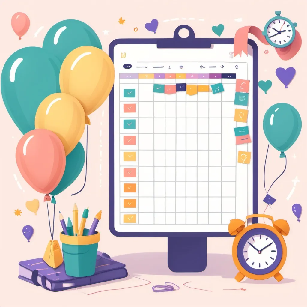 Prompt: A digital planner with a checklist, surrounded by cute event-related icons like balloons, streamers, and a clock