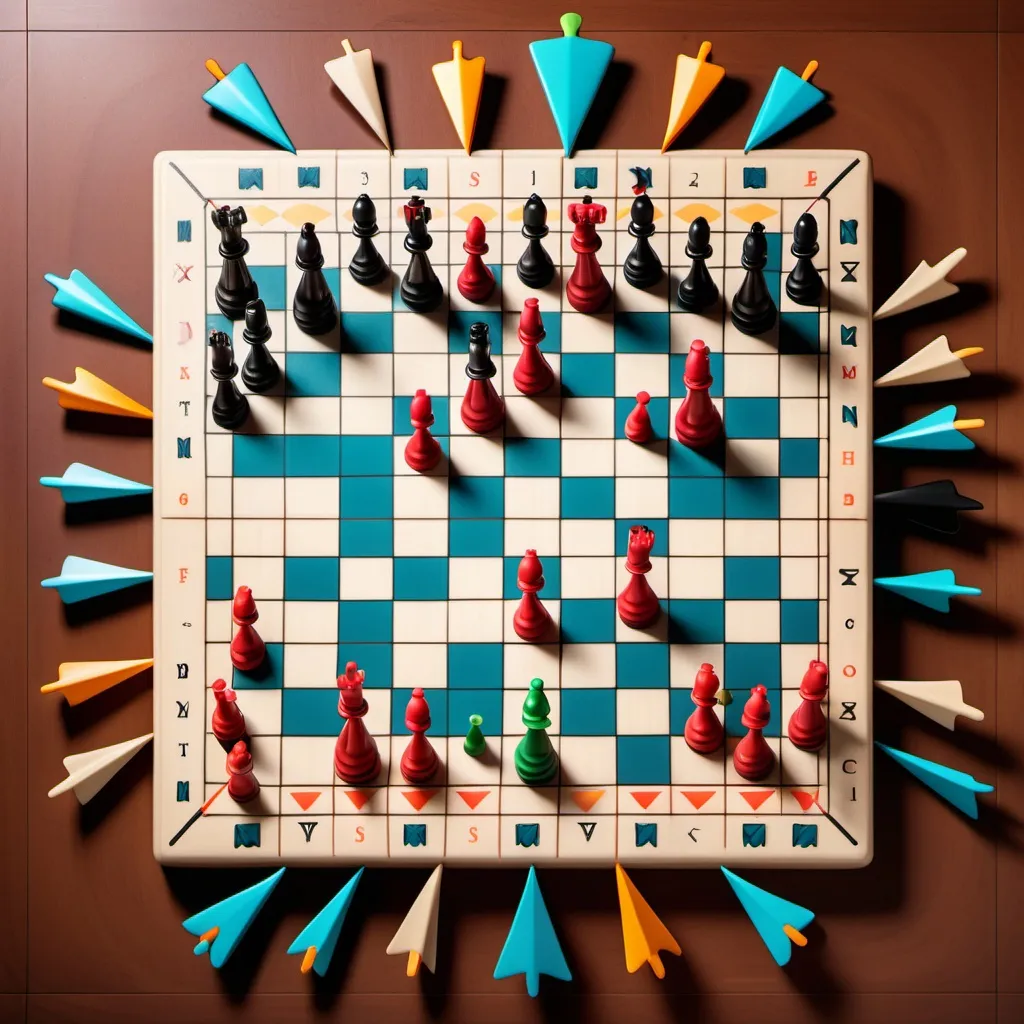 Prompt: A chessboard with pieces in strategic positions, surrounded by colorful arrows indicating moves. The background is dynamic