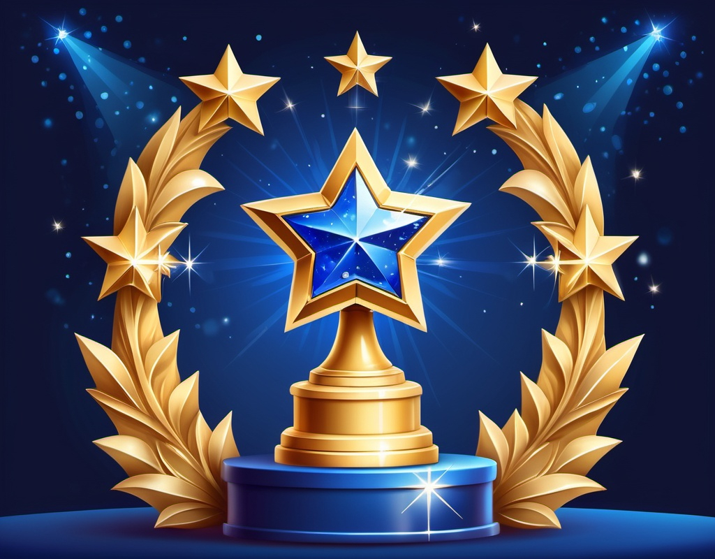 Prompt: A golden trophy with a star on top, surrounded by sparkling points or gems. The background features a subtle gradient of royal blue, emphasizing prestige and achievement.