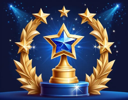 Prompt: A golden trophy with a star on top, surrounded by sparkling points or gems. The background features a subtle gradient of royal blue, emphasizing prestige and achievement.