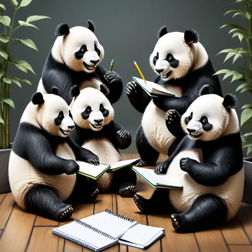 Prompt: AA group of pandas sitting together, each with a notepad, brainstorming ideas. They appear animated and engaged, symbolizing teamwork and collaboration.