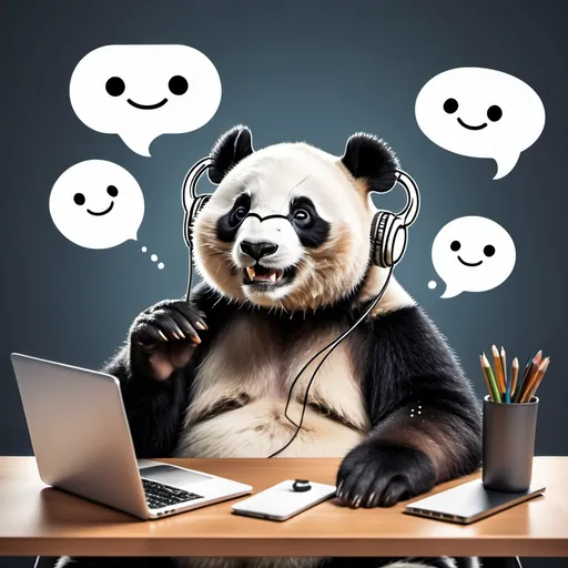 Prompt:  cheerful panda with a headset, sitting at a desk with a laptop open. The panda has a friendly smile and is surrounded by speech bubbles, symbolizing engaging conversations.