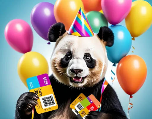 Prompt: A playful panda wearing a party hat, holding a handful of colorful tickets. The panda's joyful expression adds a fun touch, with vibrant balloons in the background.