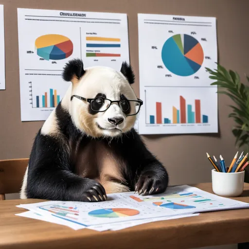 Prompt: A thoughtful panda wearing glasses, sitting at a table covered with charts and graphs. The panda is looking intently at a strategy plan