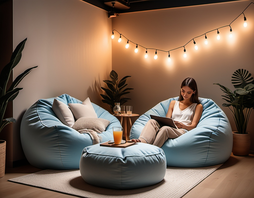 Prompt: A cozy lounge scene with comfortable bean bags, soft lighting, and a small table with drinks. The atmosphere is relaxed, with calming colors like light blue and beige.