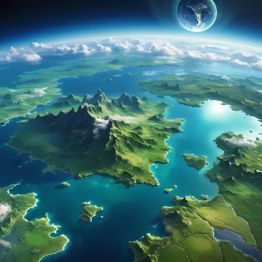 Prompt: Orbital view, Lush green continents and beautiful oceans on a super-earth, high quality, ultra-detailed, digital painting, vibrant colors, fantasy, earth-like, breathtaking scenery, realistic water reflections, atmospheric lighting, detailed landmass, serene atmosphere, large-scale, realistic clouds, otherworldly, stunning view