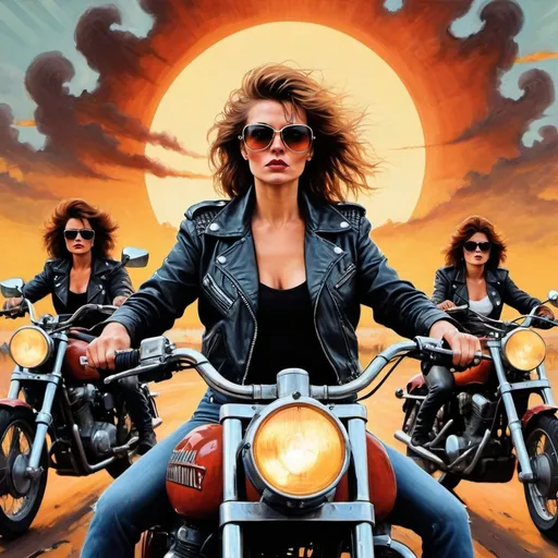 Prompt: Post-apocalyptic 1980s movie poster featuring badass female bikers, oil painting, rugged motorcycles, dramatic sunset, retro 80s vibe, fierce and confident expressions, gritty texture, vintage typography, high quality, oil painting, post-apocalyptic, 80s movie poster, badass female bikers, rugged motorcycles, dramatic sunset, retro vibe, fierce expressions, gritty texture, vintage typography, confident poses, professional lighting