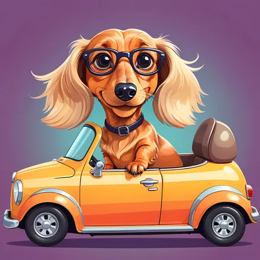 Prompt: Cute, longhaired blonde dachshund, driving a small car and talking on a cell phone, cartoon style, bright and cheerful color palette, detailed fur with warm highlights, adorable expression, whimsical illustration, vibrant and playful, high quality, cartoon, detailed fur, cute design, bright colors, warm lighting