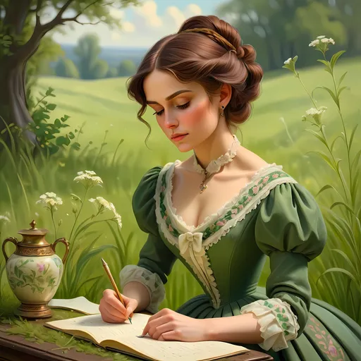 Prompt: Beautiful Victorian woman writing a novel in a lush green meadow, vintage oil painting, detailed period attire, intricate floral patterns, serene atmosphere, high quality, lush colors, romanticism, soft natural lighting