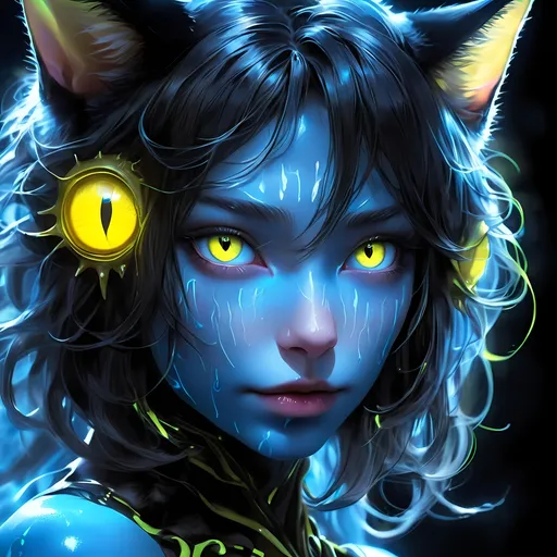 Prompt: Na'vi anime woman with bright yellow eyes, blue bioluminescent skin, cat-like features, bioluminescent, surreal lighting, high res, anime, surreal, bioluminescent, detailed eyes, cat-like, professional, surreal lighting