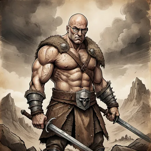 Prompt: Hand-drawn illustration of a fierce bald barbarian with glasses on aged parchment, rugged terrain with ominous skies, detailed weaponry and armor, high quality, rustic fantasy, earthy tones, dramatic lighting, detailed and weathered, intense gaze, brutal stance, sword, medieval armor, aged parchment, dramatic skies, professional, vintage, detailed illustration, rustic feel, intense expression, aged warrior