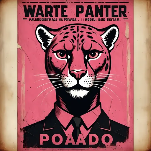 Prompt: Soviet propaganda poster-style wanted poster of Pink Panther, bold red and black colors, distressed vintage paper texture, bold and impactful typography, gritty and rugged illustration style, high contrast, detailed fur with rough texture, intense and ominous gaze, retro Soviet propaganda style, distressed paper texture, vintage illustration, impactful, gritty, bold colors, gritty illustration, distressed texture, retro style, iconic character, vintage propaganda, ominous lighting