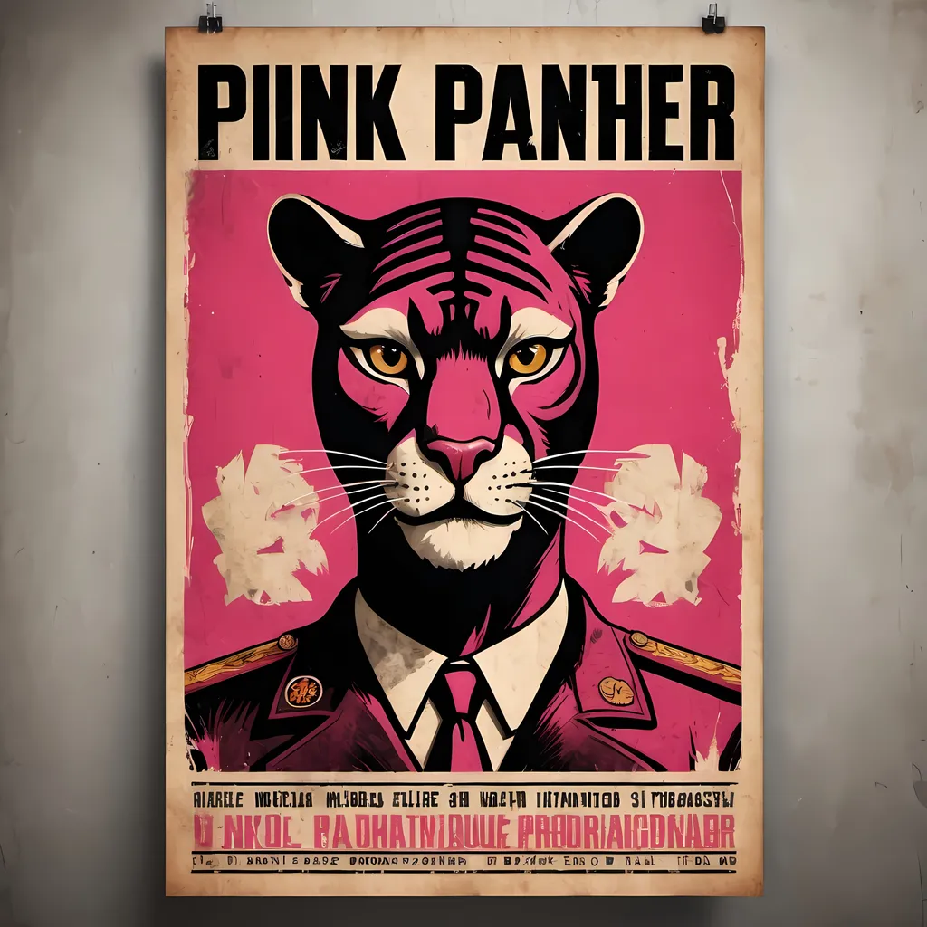 Prompt: Soviet propaganda poster-style wanted poster of Pink Panther, bold red and black colors, distressed vintage paper texture, bold and impactful typography, gritty and rugged illustration style, high contrast, detailed fur with rough texture, intense and ominous gaze, retro Soviet propaganda style, distressed paper texture, vintage illustration, impactful, gritty, bold colors, gritty illustration, distressed texture, retro style, iconic character, vintage propaganda, ominous lighting