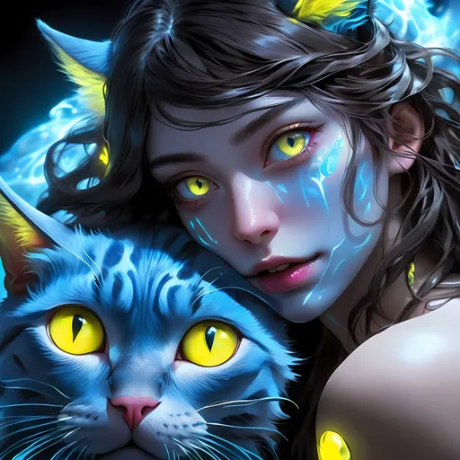 Prompt: Na'vi anime woman with bright yellow eyes, blue bioluminescent skin, cat-like features, bioluminescent, surreal lighting, high res, anime, surreal, bioluminescent, detailed eyes, cat-like, professional, surreal lighting