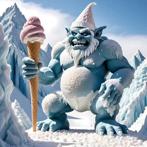 Prompt: Ice cream giant frost troll made of sugar crystals, blocking a icecream mountain pass