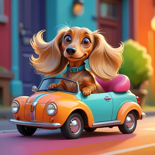 Prompt: Cute, longhaired blonde dachshund, driving a small car and talking on a cell phone, cartoon style, bright and cheerful color palette, detailed fur with warm highlights, adorable expression, whimsical illustration, vibrant and playful, high quality, cartoon, detailed fur, cute design, bright colors, warm lighting