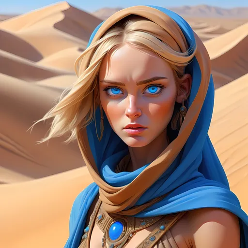 Prompt: Fremen woman with vibrant blue eyes, desert-inspired digital painting, intricate sand dunes and desert landscape, high quality, detailed, vibrant colors, sci-fi, fantasy, desert, digital painting, intense gaze, flowing desert garments, warm tones, natural lighting