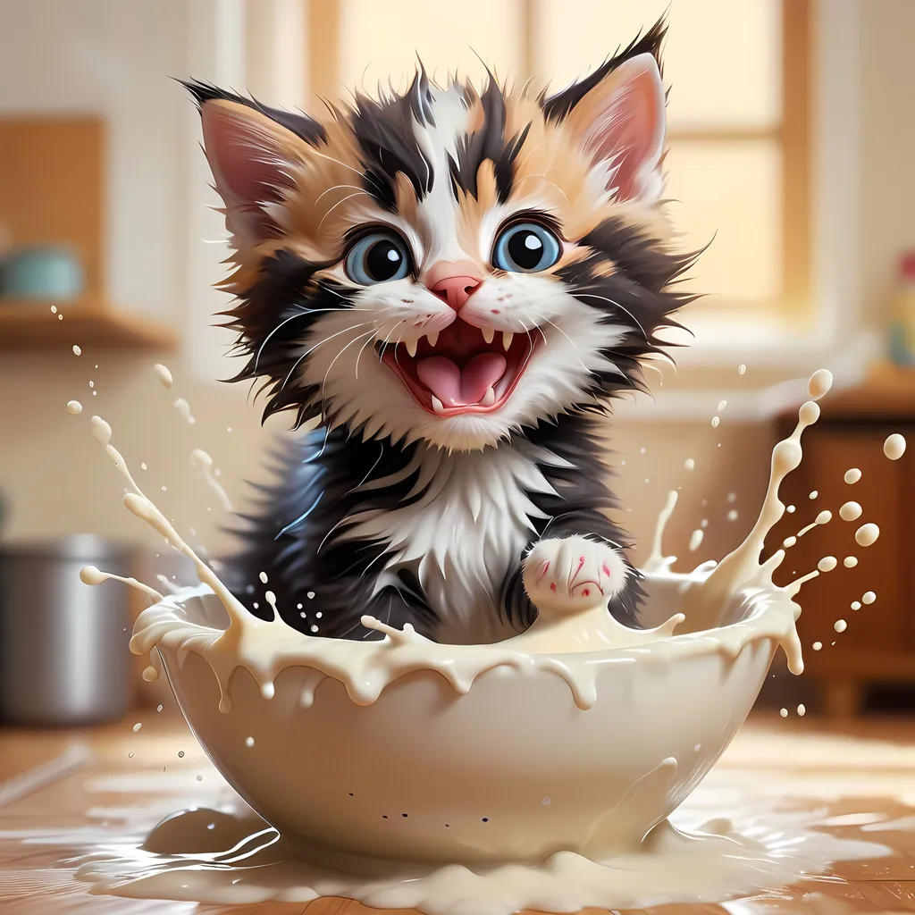 Prompt: Baby kitten splashing in a large milk bowl, playful and mischievous, digital illustration, realistic milk texture, fluffy kitten fur with milk splashes, bright and cheerful, high quality, digital painting, warm tones, soft and natural lighting
