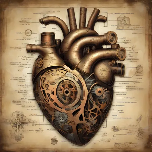Prompt: Steampunk anatomical heart diagram, intricate gears and cogs, aged brass and copper tones, vintage medical illustration, detailed valves and arteries, high quality, steampunk, aged metal, intricate details, vintage style, medical chart, anatomical diagram, brass and copper tones, gears and cogs, aged look, vintage illustration