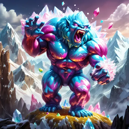 Prompt: Sugar candy crystal golem roaring in sugar mountains, sparkling sugar crystals, highly detailed, crystal golem, mountainous terrain, sugary texture, surreal, fantasy, vibrant colors, roaring pose, high quality, fantasy art, sparkling crystals, surreal landscape, radiant lighting.