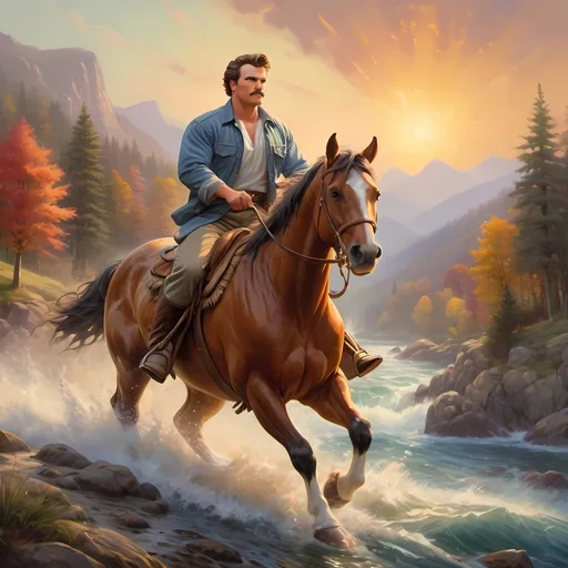 Prompt: Action hero in Thomas Kinkade art style, vibrant and detailed, heroic pose with dynamic movement, traditional oil painting, scenic background with picturesque landscapes, warm and inviting lighting, classic Americana theme, high quality, oil painting, heroic pose, vibrant colors, detailed landscape, dynamic movement, scenic background, classic Americana, traditional art style