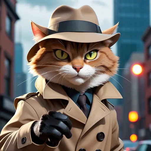 Prompt: Comic art of a detective cat, action scene, dynamic poses, detailed fur with expressive features, intense and focused gaze, detective hat and trench coat, urban noir setting, city skyline in the background, high contrast lines, vibrant colors, sound effect graphics, speech bubbles, action-packed, professional, dynamic lighting, best quality, vibrant colors, detailed fur, intense gaze, detective hat, urban noir, action scene, dynamic poses, high contrast lines, professional, dynamic lighting
