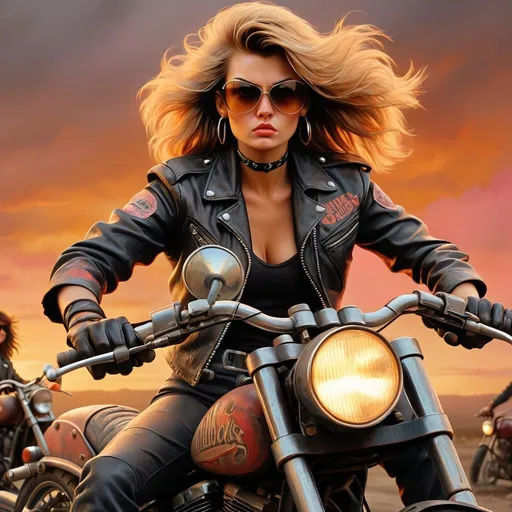 Prompt: Post-apocalyptic 1980s movie poster featuring badass female bikers, oil painting, rugged motorcycles, dramatic sunset, retro 80s vibe, fierce and confident expressions, gritty texture, vintage typography, high quality, oil painting, post-apocalyptic, 80s movie poster, badass female bikers, rugged motorcycles, dramatic sunset, retro vibe, fierce expressions, gritty texture, vintage typography, confident poses, professional lighting