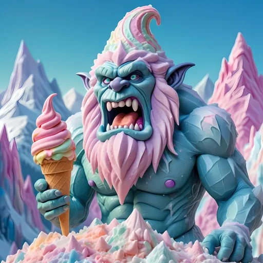 Prompt: Ice cream giant frost troll made of sugar crystals, colossal ice cream mountain in the background, sparkling and translucent texture, vibrant pastel colors, towering and imposing figure, ice cream landscape, fantasy, mythical, highres, ultra-detailed, vibrant pastel colors, fantasy, colossal figure, whimsical, sparkling texture, mythical creature, imposing, ice cream landscape, detailed features, atmospheric lighting