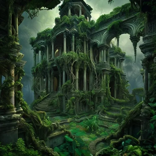 Prompt: (surrealism) an ancient overgrown temple, (intricate details) vines crawling over crumbling walls, surrounded by a lush jungle, (mysterious atmosphere) soft beams of light filtering through foliage, shadows dancing on stone, inviting intrigue, (depth) vibrant greens and earthy tones, (ultra-detailed) cinematic lighting that enhances textures and evokes an ethereal sense of wonder.