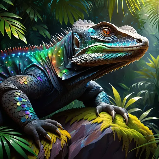 Prompt: A stunningly detailed close up image of a komodo dragon lizard with various colored iridescent scales sitting atop a rock in the rainforest, include atmospheric details such as dew droplets on the leaves of nearby bushes and sunlight peeking through the branches, amazingly detailed, excellent quality, reflective, shading, rendered with Blender, HD,