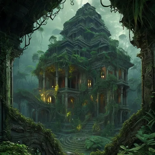 Prompt: (surrealism) an ancient overgrown temple, (intricate details) vines crawling over crumbling walls, surrounded by a lush jungle, (mysterious atmosphere) soft beams of light filtering through foliage, shadows dancing on stone, inviting intrigue, (depth) vibrant greens and earthy tones, (ultra-detailed) cinematic lighting that enhances textures and evokes an ethereal sense of wonder.