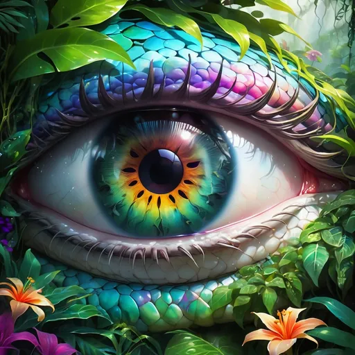 Prompt: An up close view of a reptile's (eye), the eye reflecting a (surrealistic scene of a jungle), (multicolored opalescent scales) around the eye, extremely detailed, epic quality, vibrant colors, high contrast lighting, mystical atmosphere, intricate details of the jungle including vines, flowers, and fog, photorealistic, ultra-detailed 4K, cinematic depth, mesmerizing and fantastical elements in the jungle reflection, captivating, exotic background.