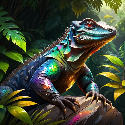 Prompt: A stunningly detailed close up image of a komodo dragon lizard with various colored iridescent scales sitting atop a rock in the rainforest, include atmospheric details such as dew droplets on the leaves of nearby bushes and sunlight peeking through the branches, amazingly detailed, excellent quality, reflective, shading, rendered with Blender, HD,