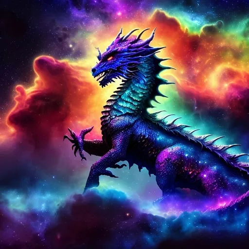 Prompt: A celestial dragon (majestic creature), its scales shimmering with stardust, soars through a colorful nebula, dreamlike and ethereal ambiance, cosmic horror elements, swirling galaxies in the background, vibrant cosmic hues of purple and blue, dramatic and mysterious lighting, high detail, ultra-detailed, 4K quality.