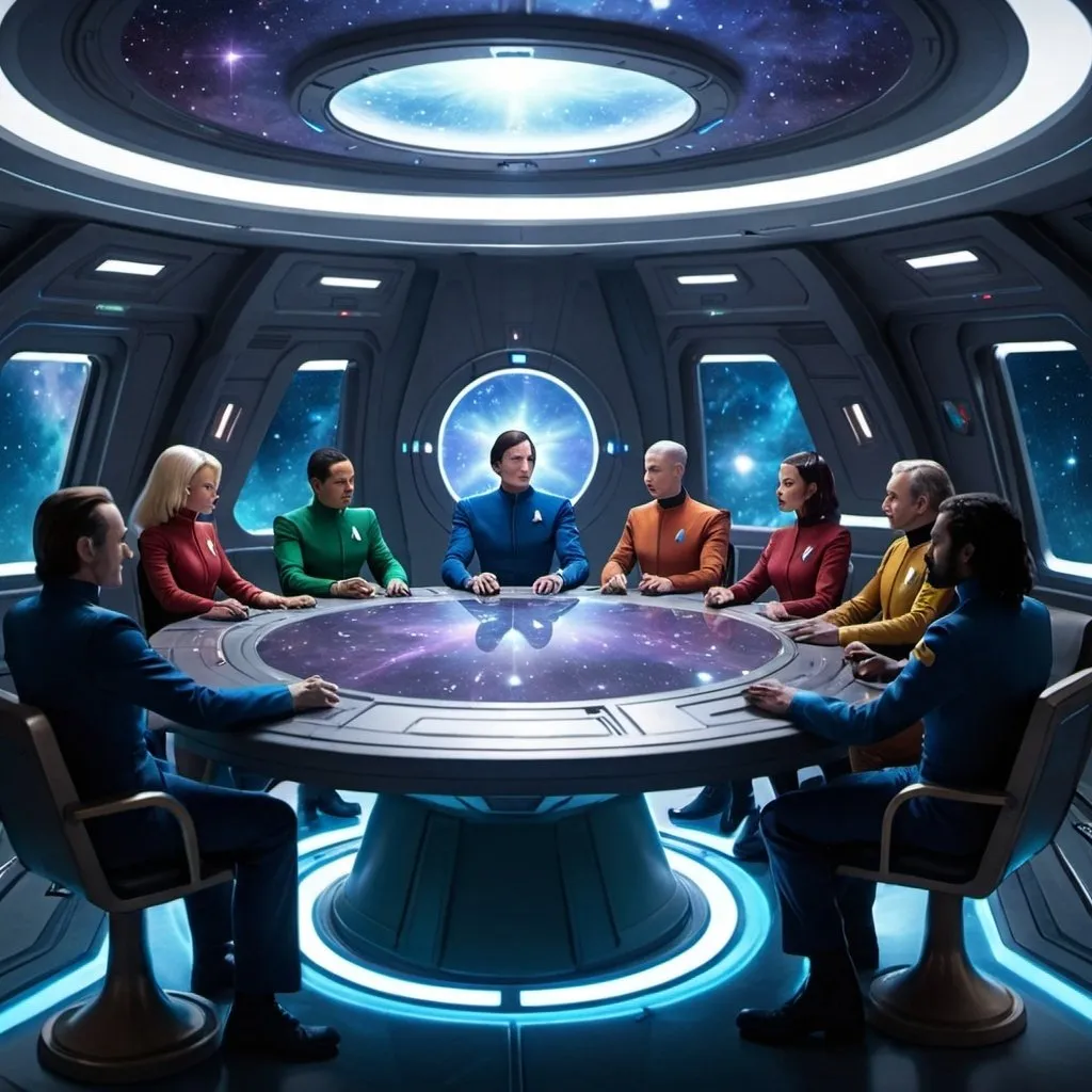 Prompt: Galactic federation members from all galaxies are in meeting around a table in a spaceship 