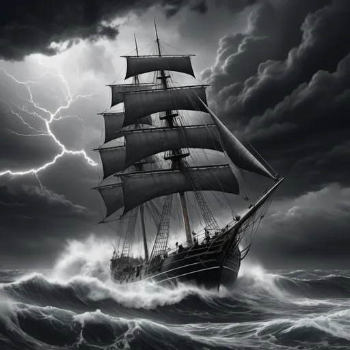 Prompt: black and white photo of a sailing ship caught in a violent storm on the ocean